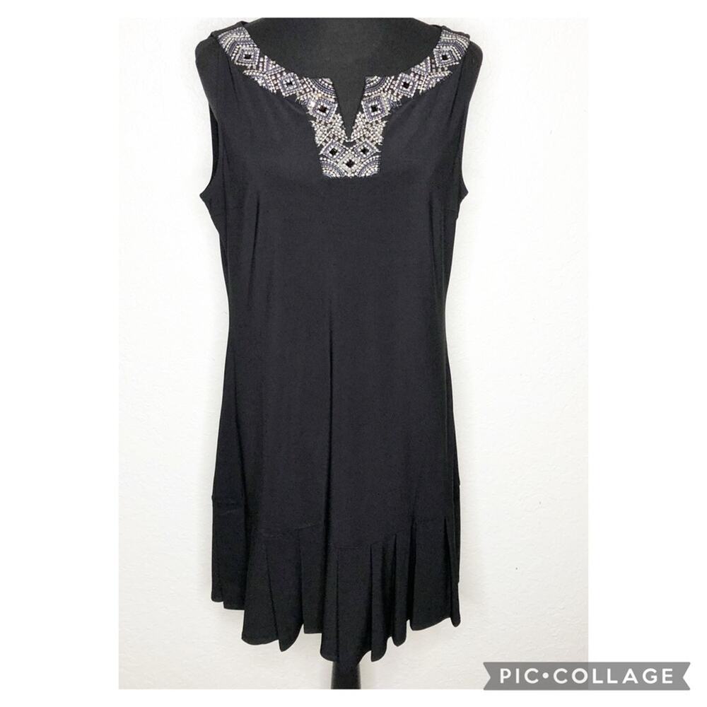WHBM black silver beaded neckline pleated hem sleeveless dress size Large